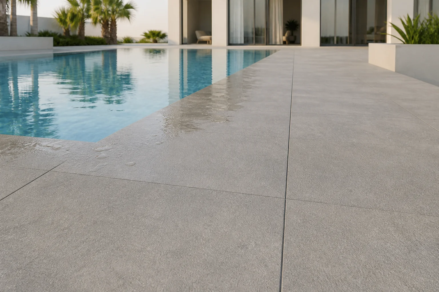 Textured anti-skid porcelain tiles installed in wet entryways and terraces