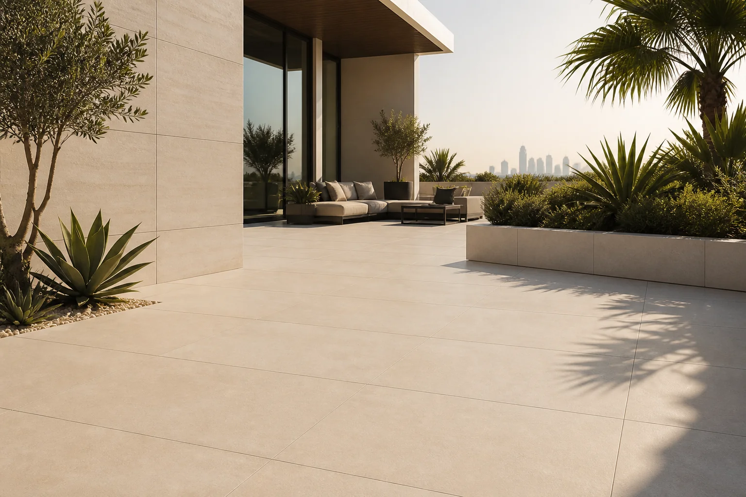 Highland terrace finished with heat and UV stable beige porcelain tiles