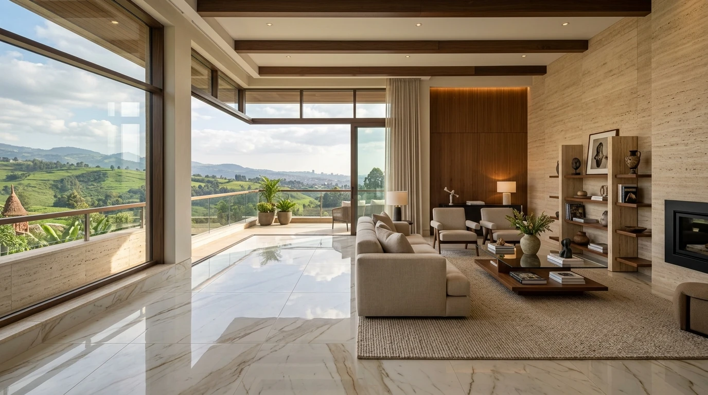 Modern luxury villa interior with large-format porcelain flooring